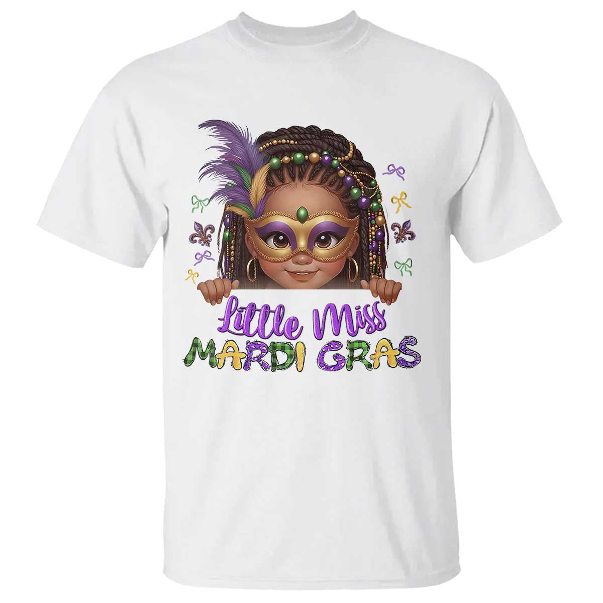Little Miss Mardi Gras T Shirt Afro Messy Bun Girls Kids Mask Cute New Orleans TS10 White Print Your Wear