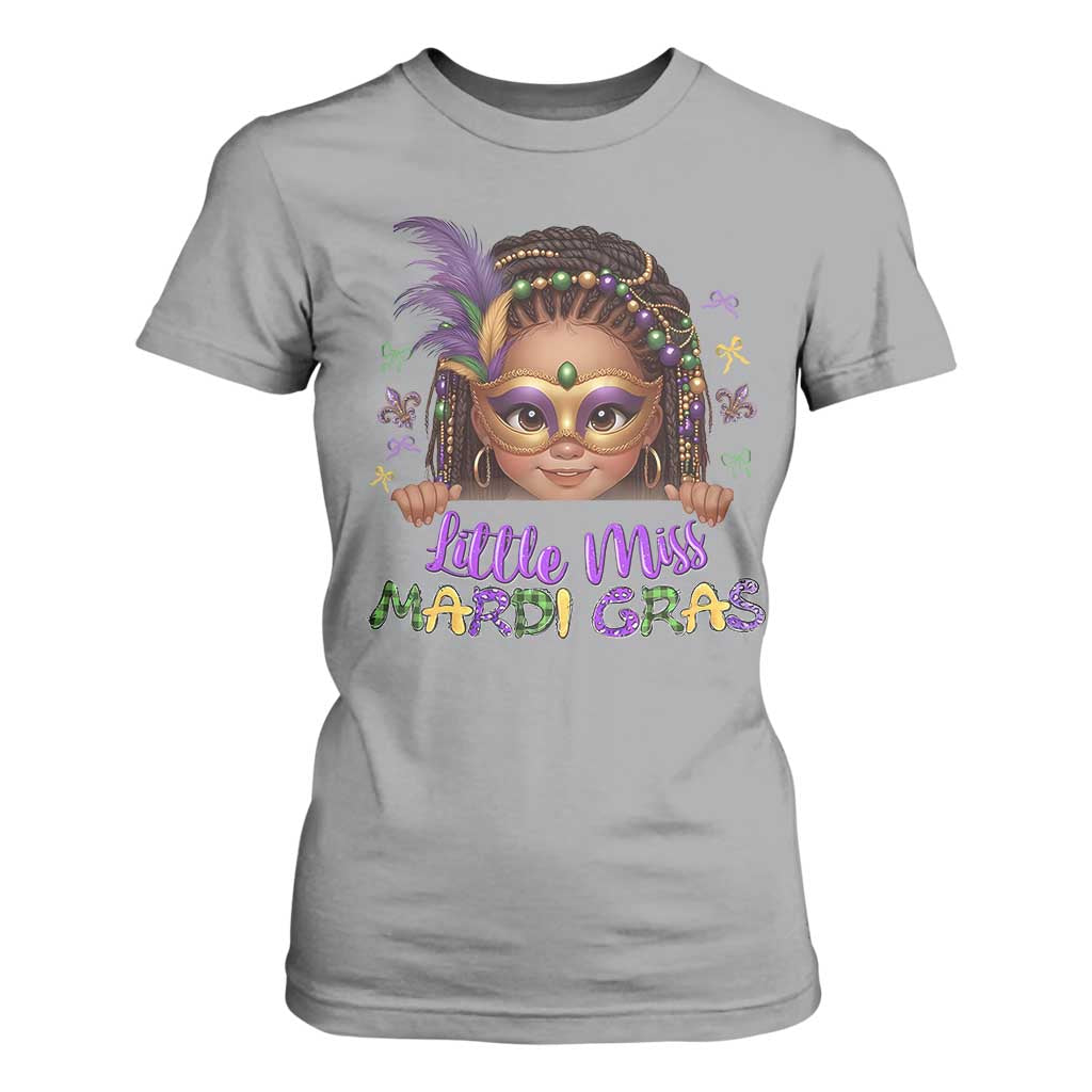 Little Miss Mardi Gras T Shirt For Women Afro Messy Bun Girls Kids Mask Cute New Orleans TS10 Sport Gray Print Your Wear