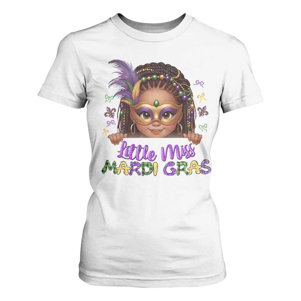 Little Miss Mardi Gras T Shirt For Women Afro Messy Bun Girls Kids Mask Cute New Orleans TS10 White Print Your Wear