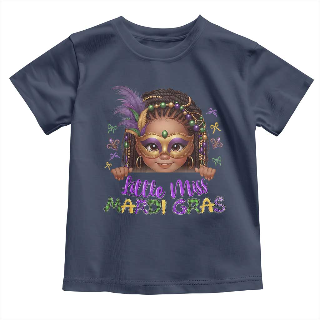 Little Miss Mardi Gras Toddler T Shirt Afro Messy Bun Girls Kids Mask Cute New Orleans TS10 Navy Print Your Wear