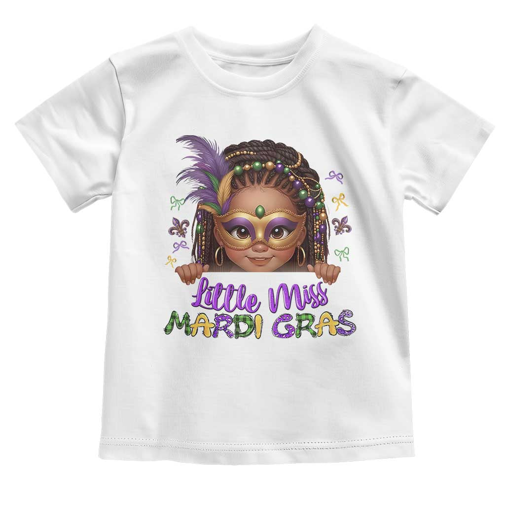 Little Miss Mardi Gras Toddler T Shirt Afro Messy Bun Girls Kids Mask Cute New Orleans TS10 White Print Your Wear