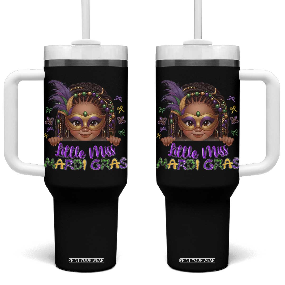 Little Miss Mardi Gras Tumbler With Handle Afro Messy Bun Girls Kids Mask Cute New Orleans TS10 One Size: 40 oz Black Print Your Wear