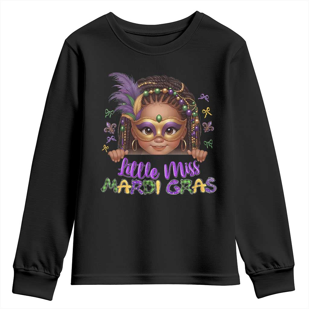 Little Miss Mardi Gras Youth Sweatshirt Afro Messy Bun Girls Kids Mask Cute New Orleans TS10 Black Print Your Wear