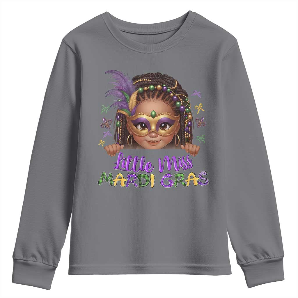 Little Miss Mardi Gras Youth Sweatshirt Afro Messy Bun Girls Kids Mask Cute New Orleans TS10 Charcoal Print Your Wear