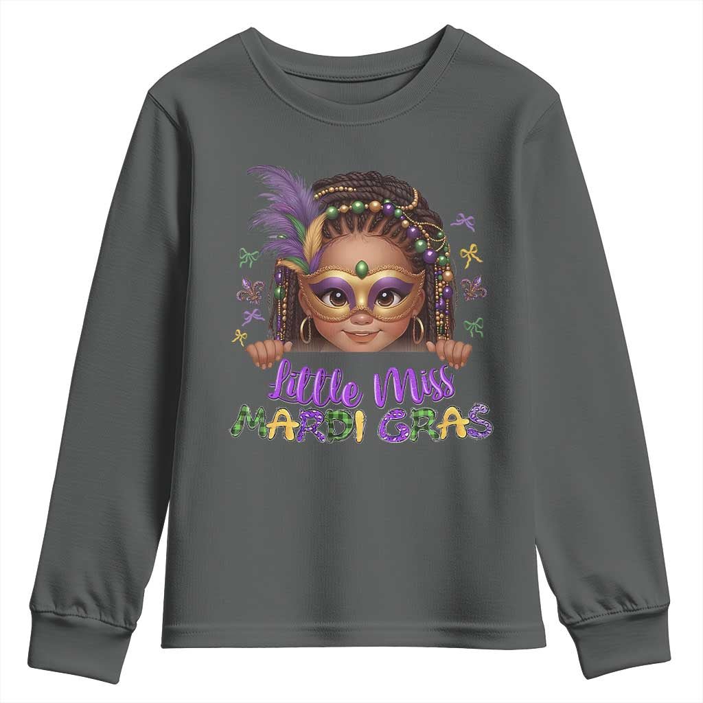 Little Miss Mardi Gras Youth Sweatshirt Afro Messy Bun Girls Kids Mask Cute New Orleans TS10 Dark Heather Print Your Wear
