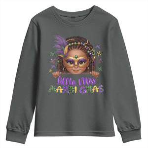 Little Miss Mardi Gras Youth Sweatshirt Afro Messy Bun Girls Kids Mask Cute New Orleans TS10 Dark Heather Print Your Wear