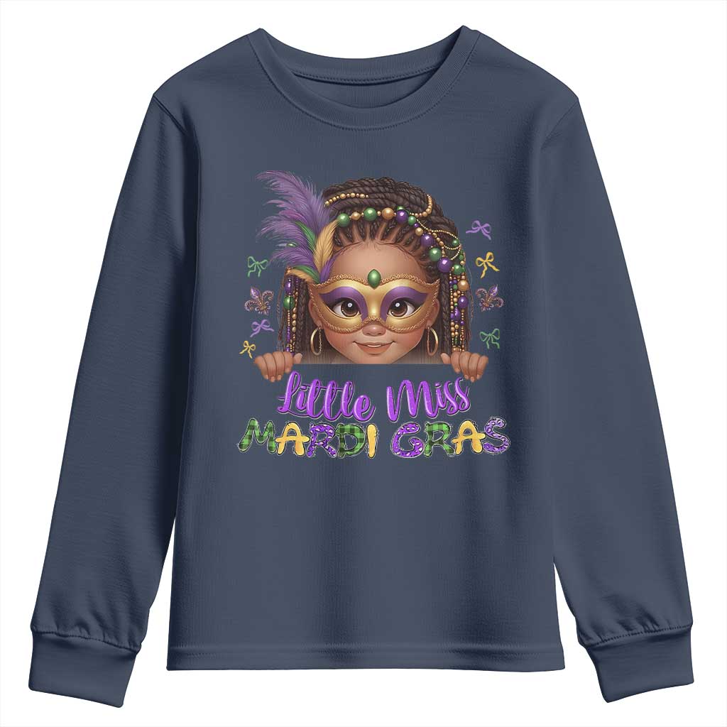 Little Miss Mardi Gras Youth Sweatshirt Afro Messy Bun Girls Kids Mask Cute New Orleans TS10 Navy Print Your Wear