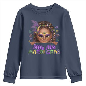 Little Miss Mardi Gras Youth Sweatshirt Afro Messy Bun Girls Kids Mask Cute New Orleans TS10 Navy Print Your Wear