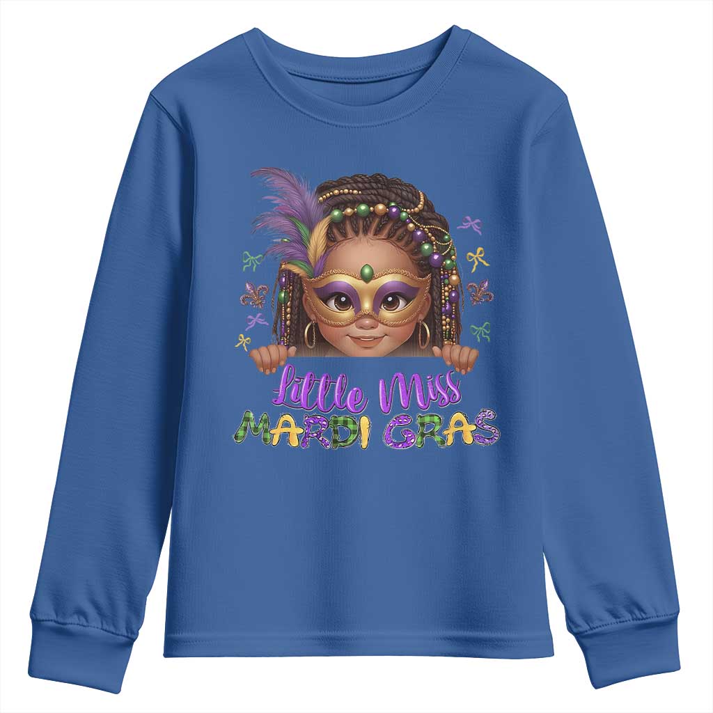 Little Miss Mardi Gras Youth Sweatshirt Afro Messy Bun Girls Kids Mask Cute New Orleans TS10 Royal Blue Print Your Wear