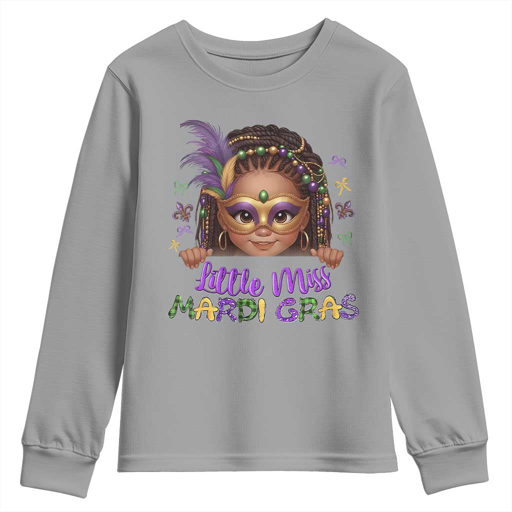 Little Miss Mardi Gras Youth Sweatshirt Afro Messy Bun Girls Kids Mask Cute New Orleans TS10 Sport Gray Print Your Wear