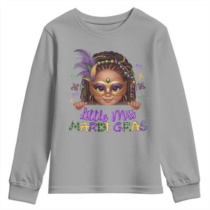Little Miss Mardi Gras Youth Sweatshirt Afro Messy Bun Girls Kids Mask Cute New Orleans TS10 Sport Gray Print Your Wear