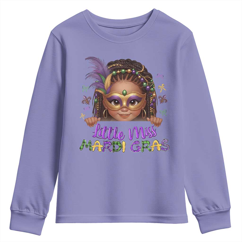 Little Miss Mardi Gras Youth Sweatshirt Afro Messy Bun Girls Kids Mask Cute New Orleans TS10 Violet Print Your Wear