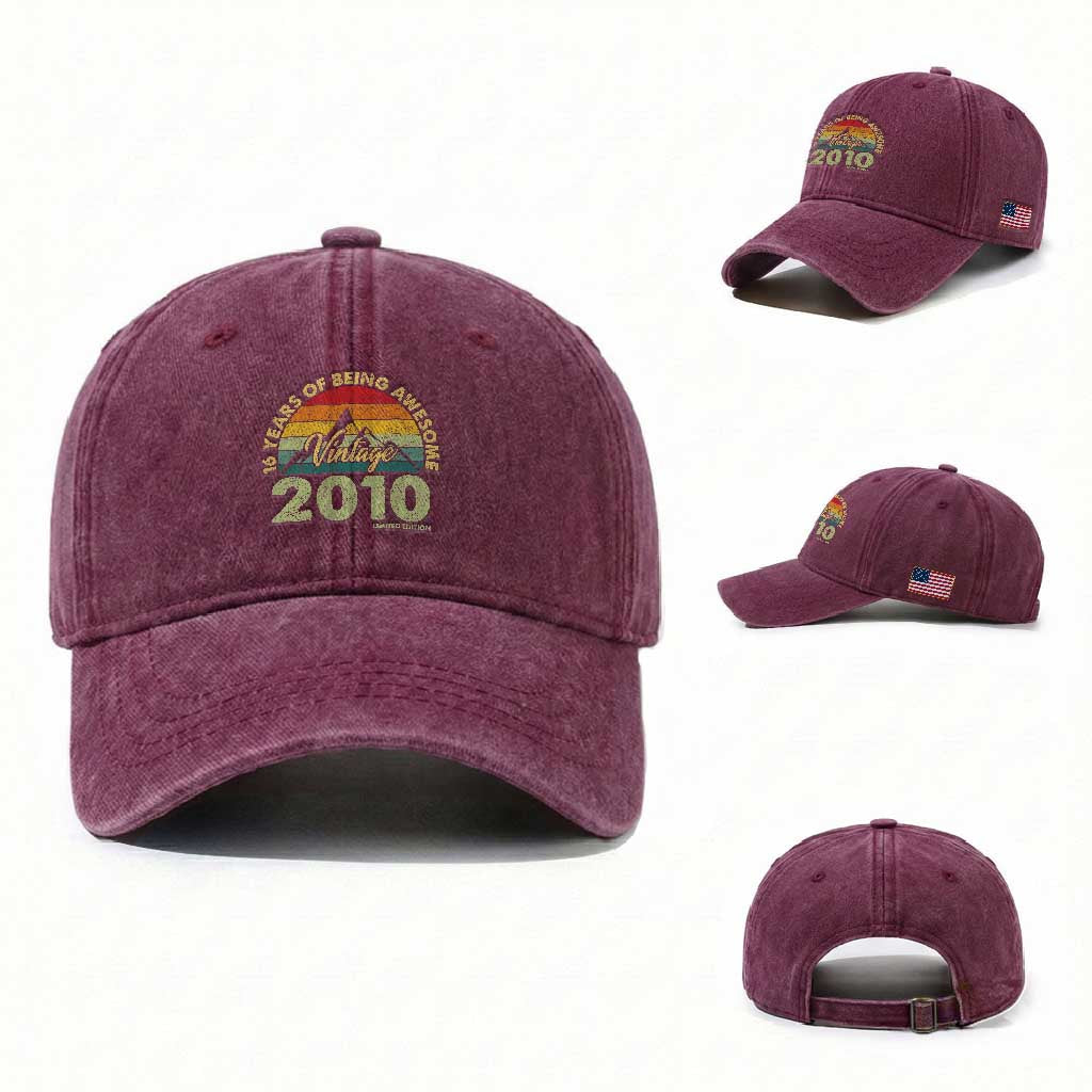 16th Birthday Washed Cotton Baseball Cap Vintage 2010 Limited Edition 16 Year Old Gift