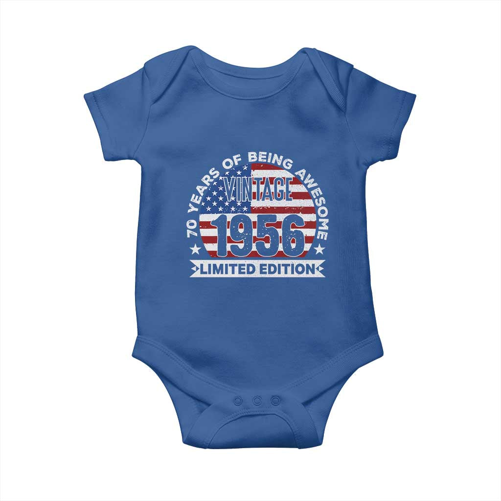 70th Birthday Baby Onesie Vintage 1956 70 Year Old Birthday American Flag TS10 Royal Blue Print Your Wear