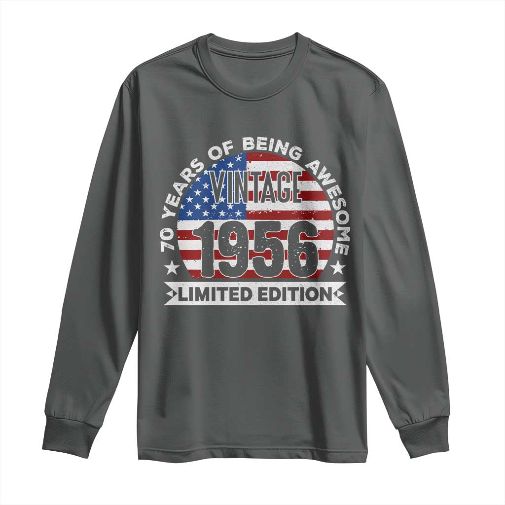 70th Birthday Long Sleeve Shirt Vintage 1956 70 Year Old Birthday American Flag TS10 Dark Heather Print Your Wear
