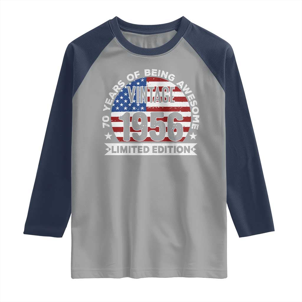 70th Birthday Raglan Shirt Vintage 1956 70 Year Old Birthday American Flag TS10 Sport Gray Navy Print Your Wear