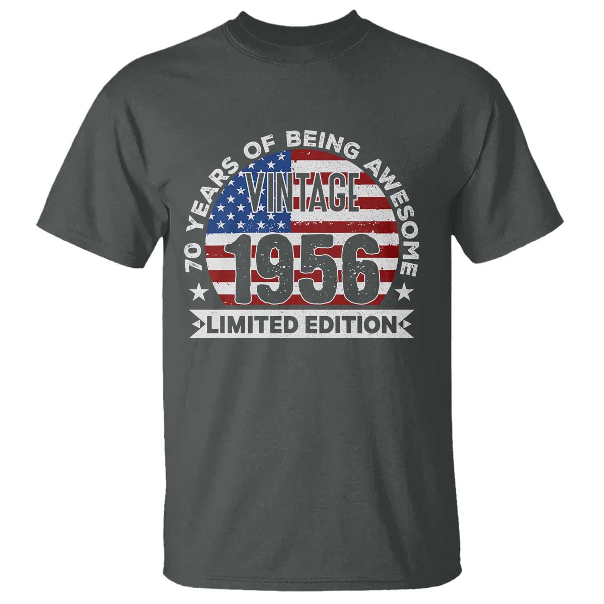 70th Birthday T Shirt - Vintage 1956 70 Year Old Birthday American Flag Tee TS10 Dark Heather Print Your Wear