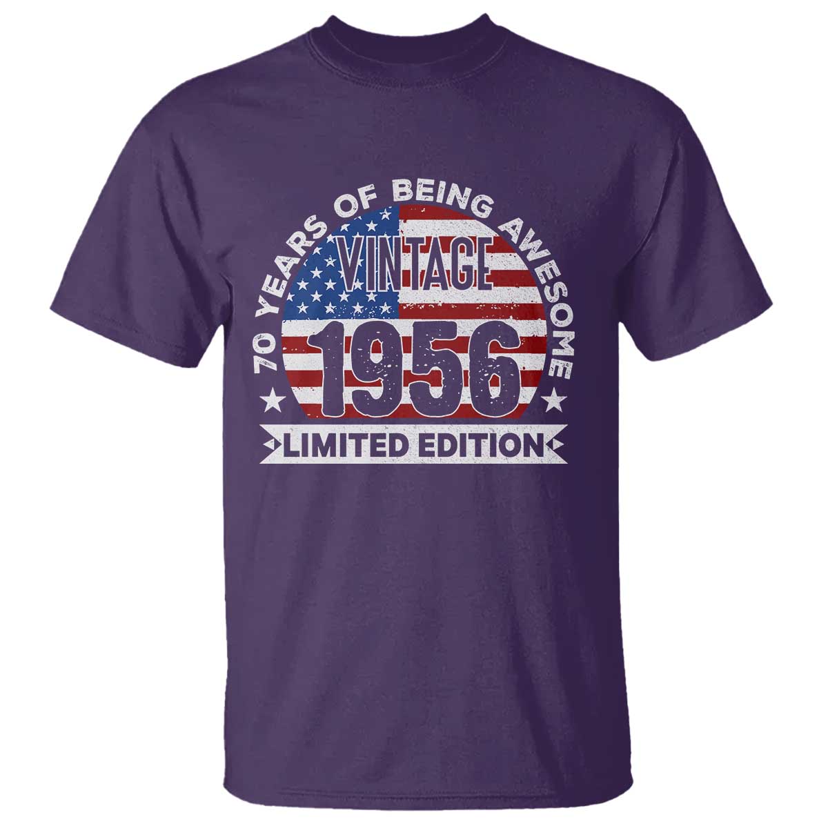 70th Birthday T Shirt - Vintage 1956 70 Year Old Birthday American Flag Tee TS10 Purple Print Your Wear