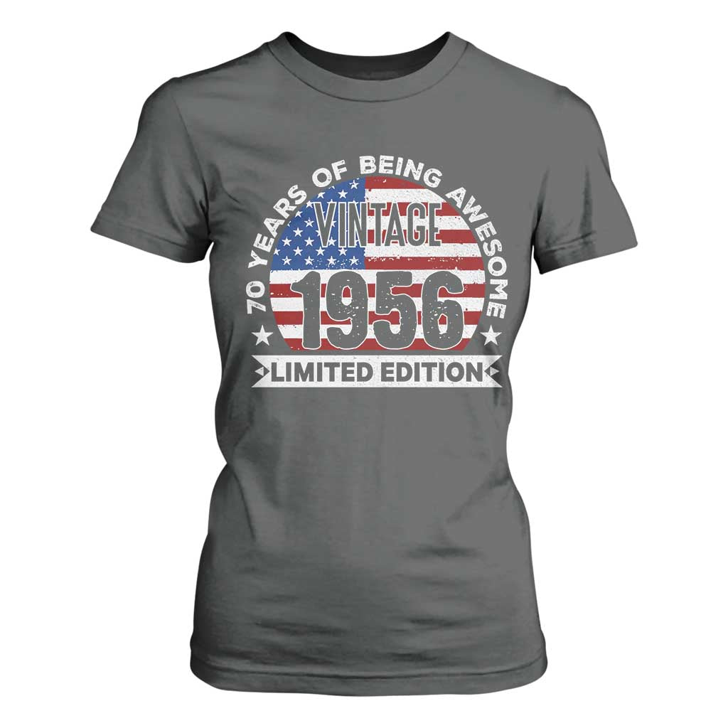 70th Birthday T Shirt For Women Vintage 1956 70 Year Old Birthday American Flag TS10 Dark Heather Print Your Wear