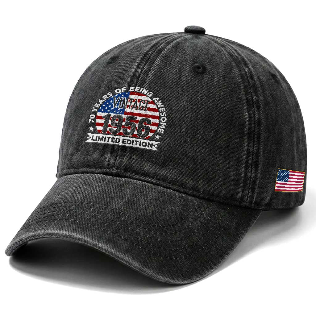 70th Birthday Washed Cotton Baseball Cap Vintage 1956 70 Year Old Birthday American Flag