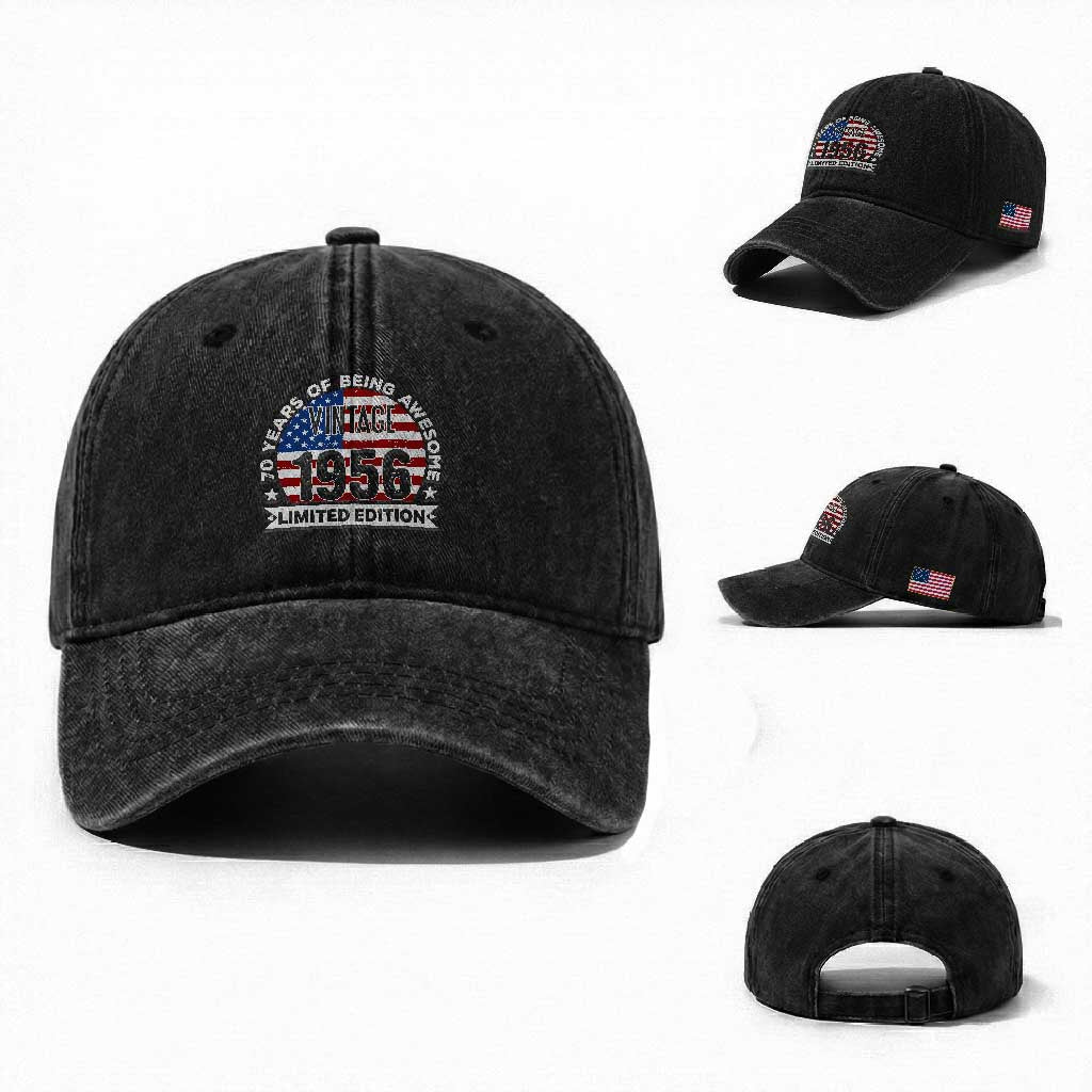 70th Birthday Washed Cotton Baseball Cap Vintage 1956 70 Year Old Birthday American Flag