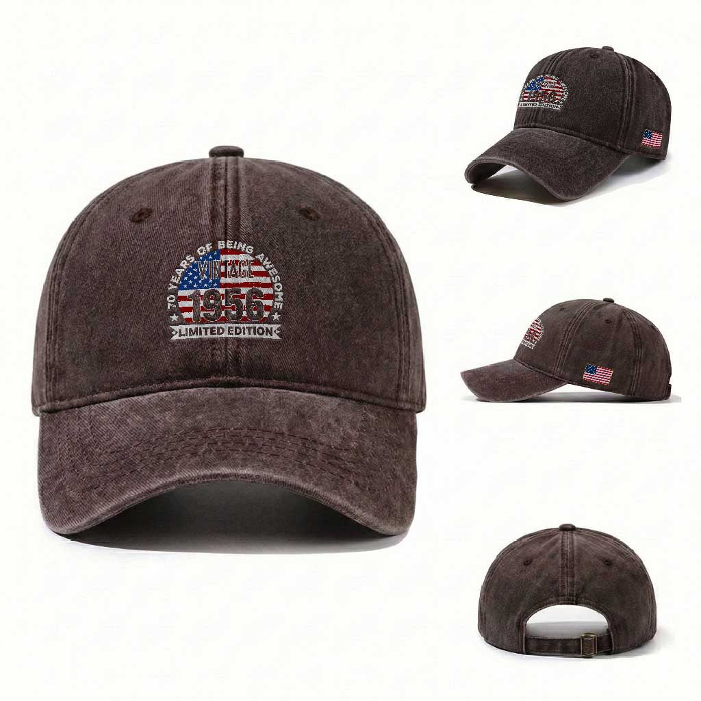 70th Birthday Washed Cotton Baseball Cap Vintage 1956 70 Year Old Birthday American Flag