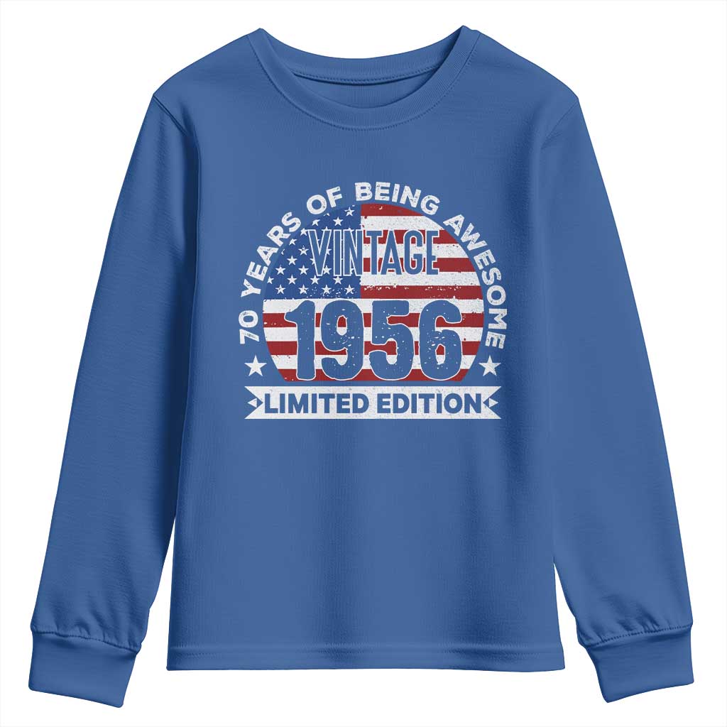 70th Birthday Youth Sweatshirt Vintage 1956 70 Year Old Birthday American Flag TS10 Royal Blue Print Your Wear