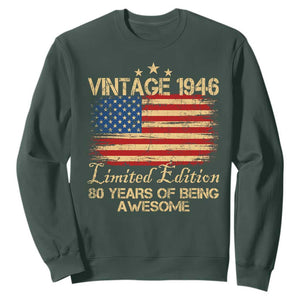 80th Birthday Sweatshirt Vintage 1946 Limited Edition 80 Year Old Birthday USA Flag TS10 Dark Forest Green Print Your Wear