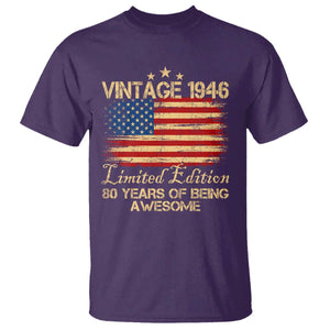 80th Birthday T Shirt - Vintage 1946 Limited Edition 80 Year Old Birthday USA Flag Tee TS10 Purple Print Your Wear