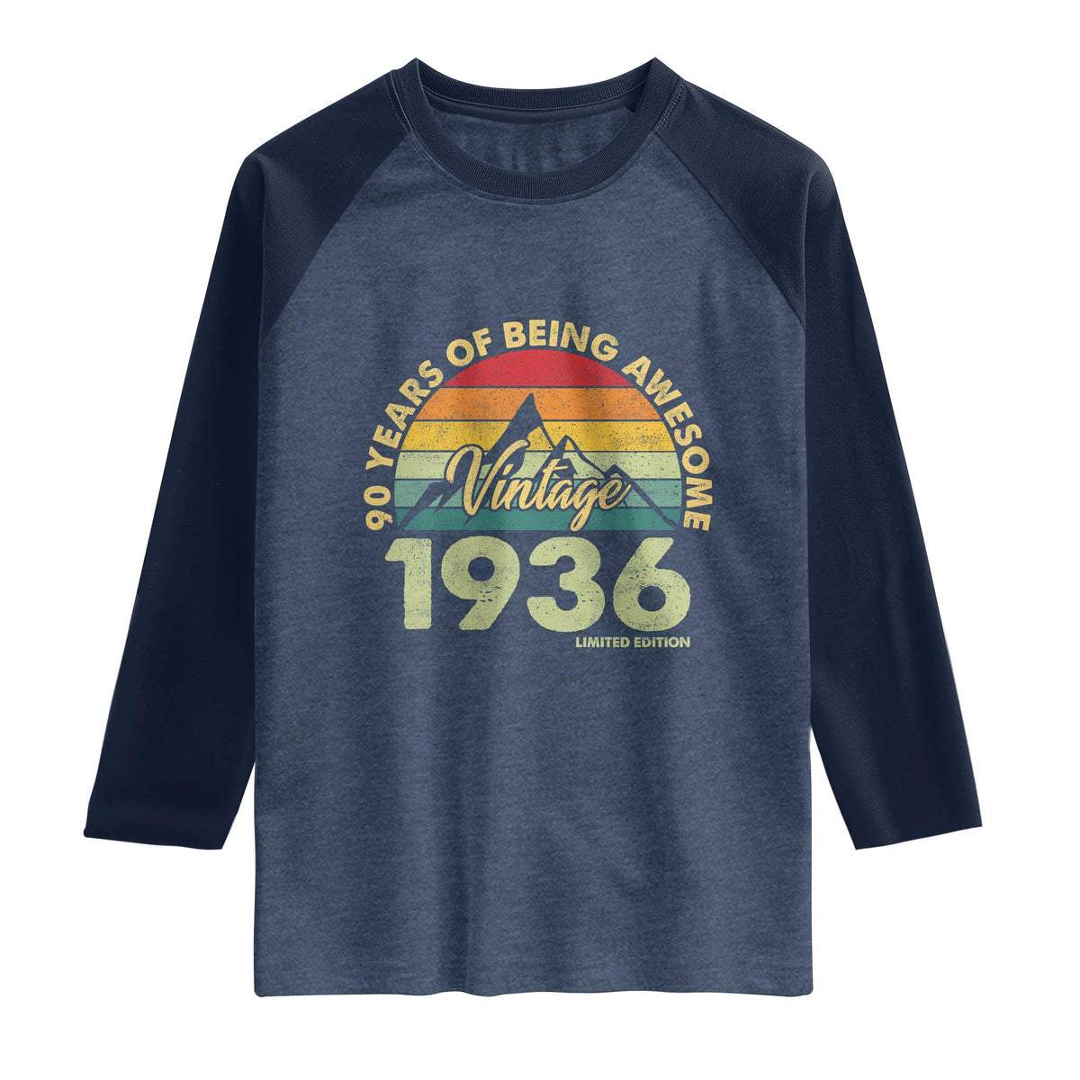 90th Birthday Raglan Shirt Vintage 1936 Limited Edition 90 Year Old Gift TS10 Heather Denim Navy Print Your Wear