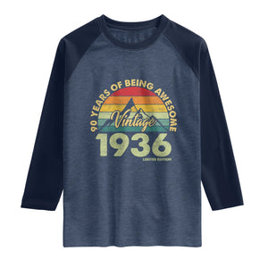 90th Birthday Raglan Shirt Vintage 1936 Limited Edition 90 Year Old Gift TS10 Heather Denim Navy Print Your Wear