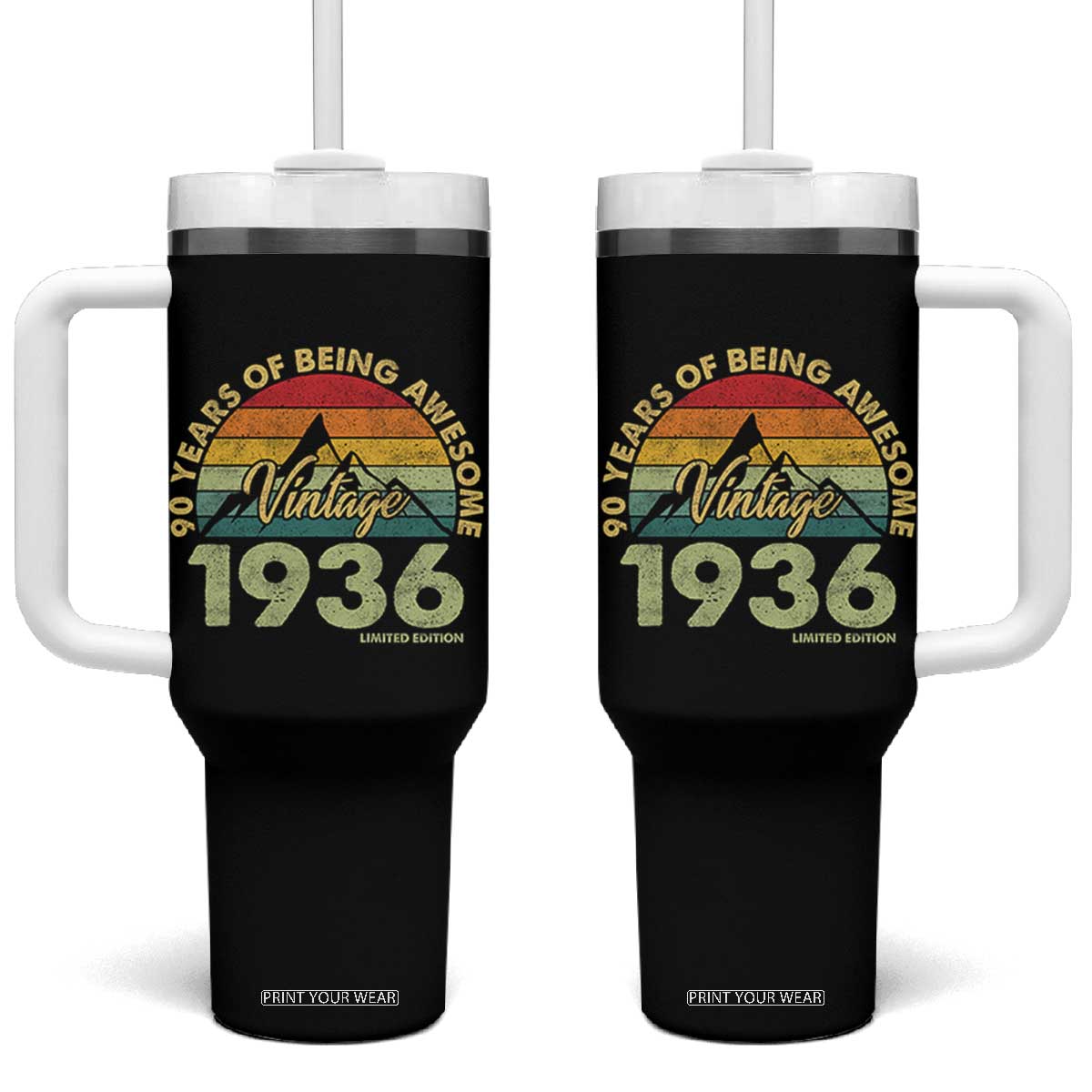90th Birthday Tumbler With Handle Vintage 1936 Limited Edition 90 Year Old Gift TS10 One Size: 40 oz Black Print Your Wear