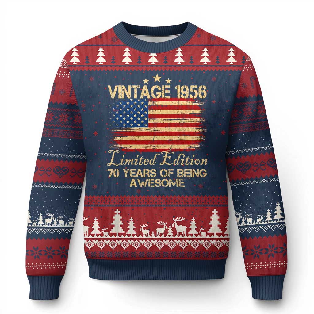 70th Birthday Ugly Christmas Sweater Vintage 1956 Limited Edition 70 Year Old Birthday USA Flag TS10 Navy Red Print Your Wear