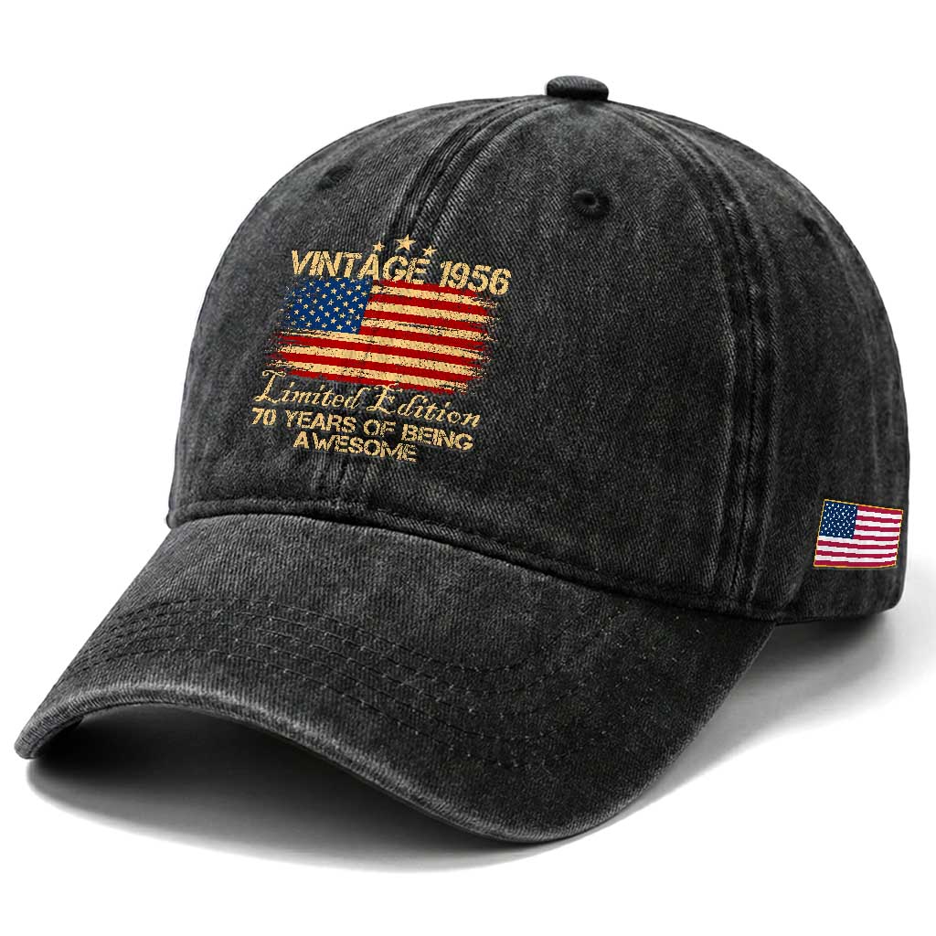 70th Birthday Washed Cotton Baseball Cap Vintage 1956 Limited Edition 70 Year Old Birthday USA Flag