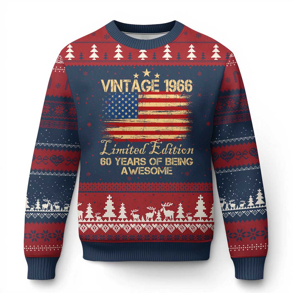 60th Birthday Ugly Christmas Sweater Vintage 1966 Limited Edition 60 Year Old Birthday USA Flag TS10 Navy Red Print Your Wear