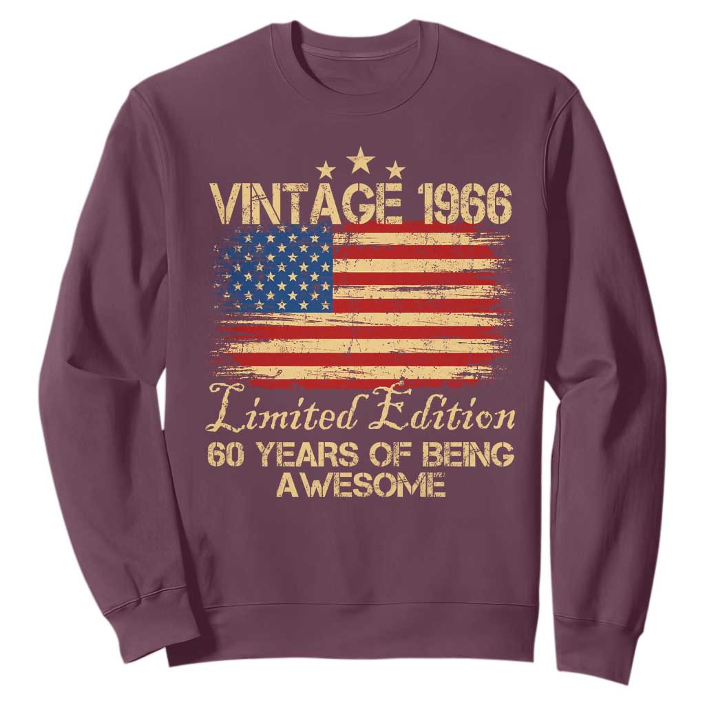 60th Birthday Sweatshirt Vintage 1966 Limited Edition 60 Year Old Birthday USA Flag TS10 Maroon Print Your Wear