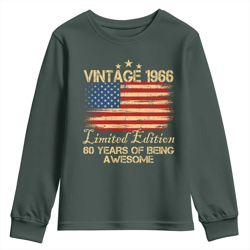 60th Birthday Youth Sweatshirt Vintage 1966 Limited Edition 60 Year Old Birthday USA Flag TS10 Dark Forest Green Print Your Wear