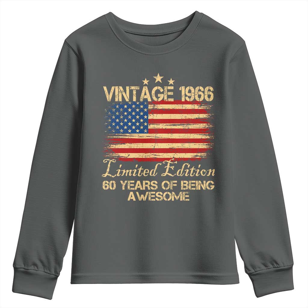 60th Birthday Youth Sweatshirt Vintage 1966 Limited Edition 60 Year Old Birthday USA Flag TS10 Dark Heather Print Your Wear