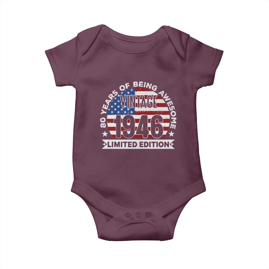 80th Birthday Baby Onesie Vintage 1946 80 Year Old Birthday American Flag TS10 Maroon Print Your Wear