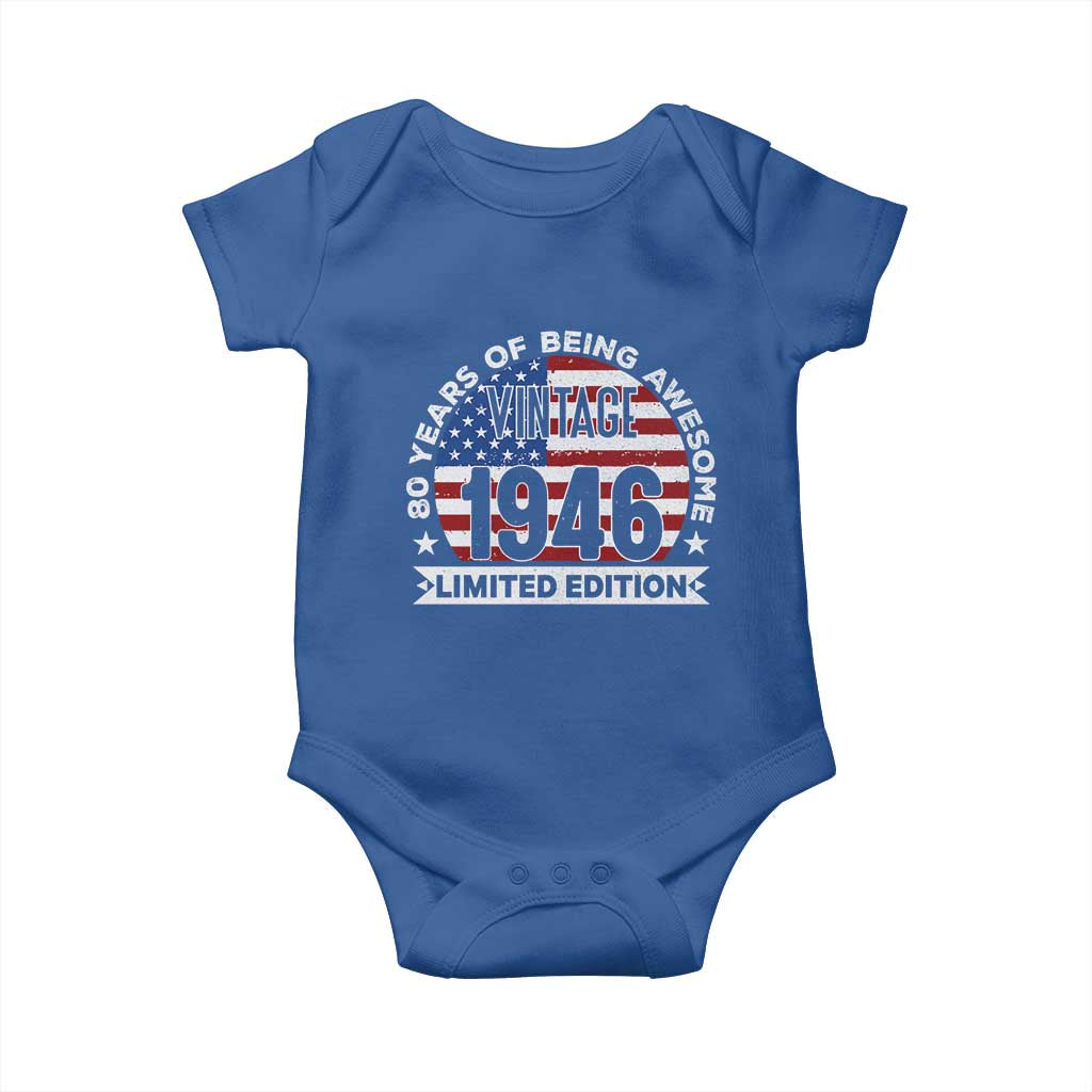 80th Birthday Baby Onesie Vintage 1946 80 Year Old Birthday American Flag TS10 Royal Blue Print Your Wear