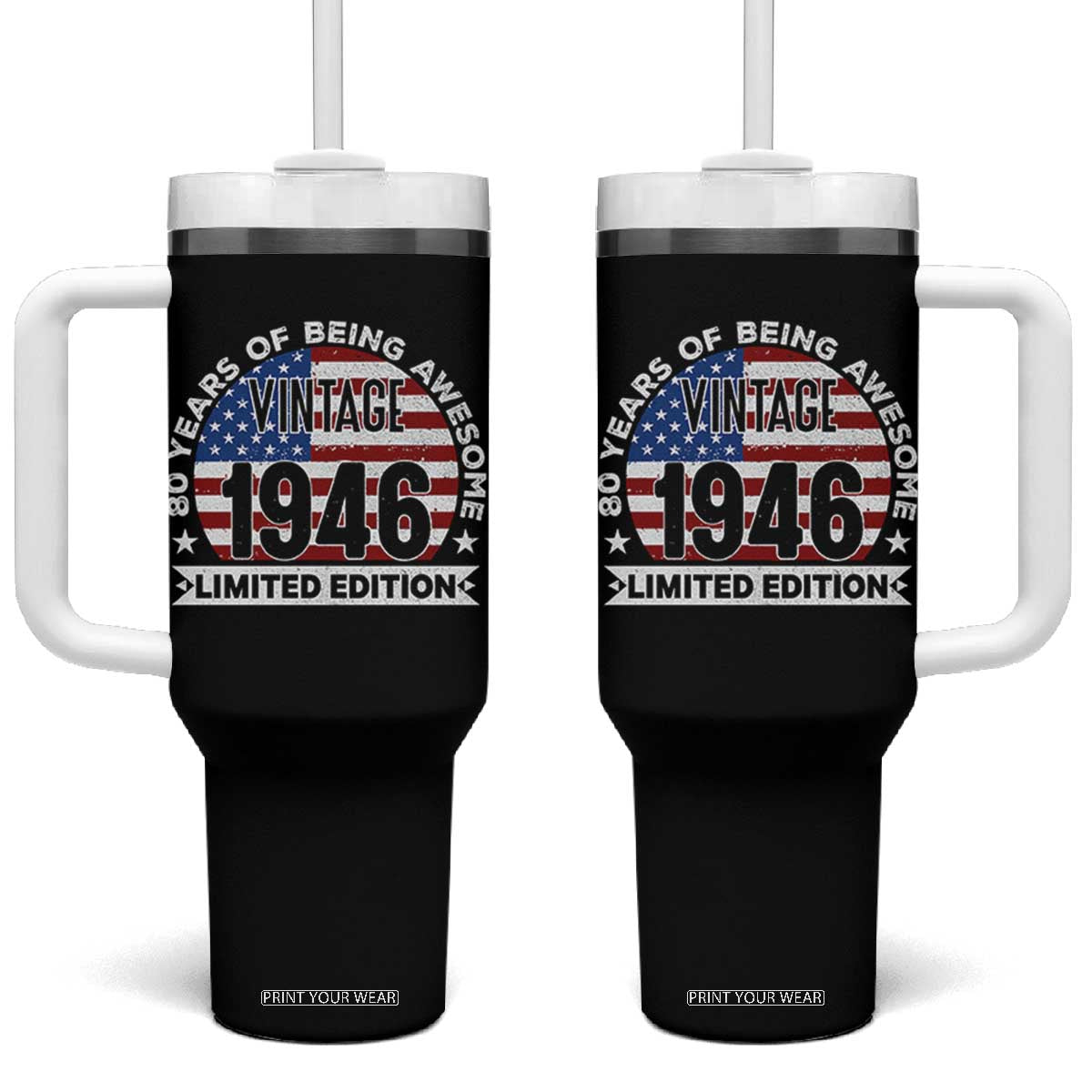 80th Birthday Tumbler With Handle Vintage 1946 80 Year Old Birthday American Flag TS10 One Size: 40 oz Black Print Your Wear