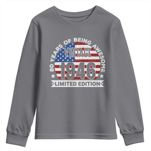 80th Birthday Youth Sweatshirt Vintage 1946 80 Year Old Birthday American Flag TS10 Charcoal Print Your Wear