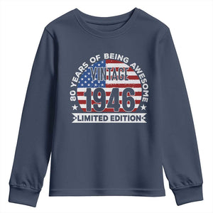 80th Birthday Youth Sweatshirt Vintage 1946 80 Year Old Birthday American Flag TS10 Navy Print Your Wear