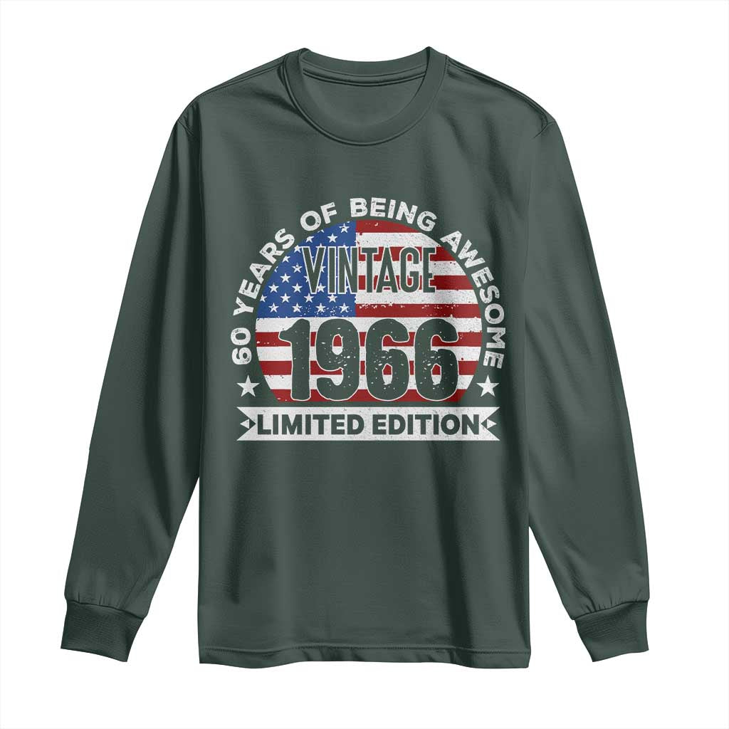 60th Birthday Long Sleeve Shirt Vintage 1966 60 Year Old Birthday American Flag TS10 Dark Forest Green Print Your Wear