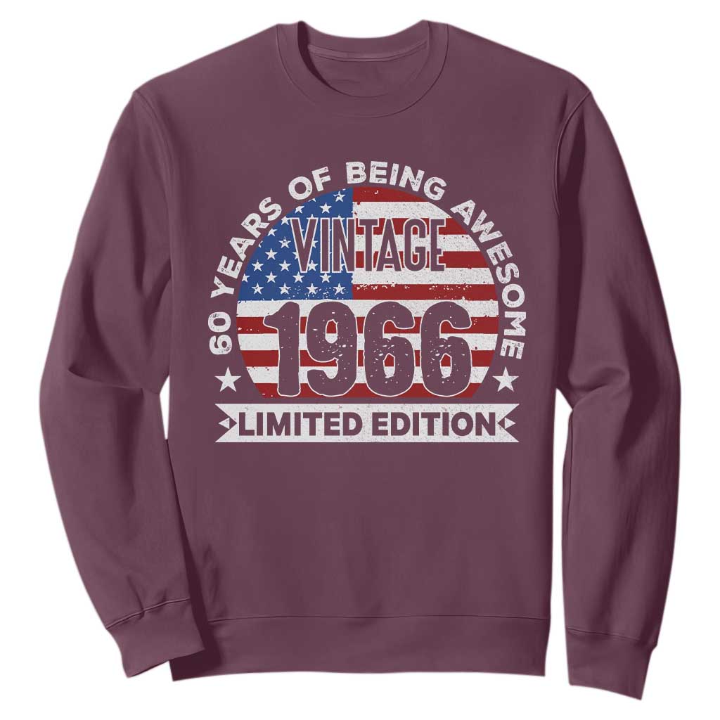 60th Birthday Sweatshirt Vintage 1966 60 Year Old Birthday American Flag TS10 Maroon Print Your Wear