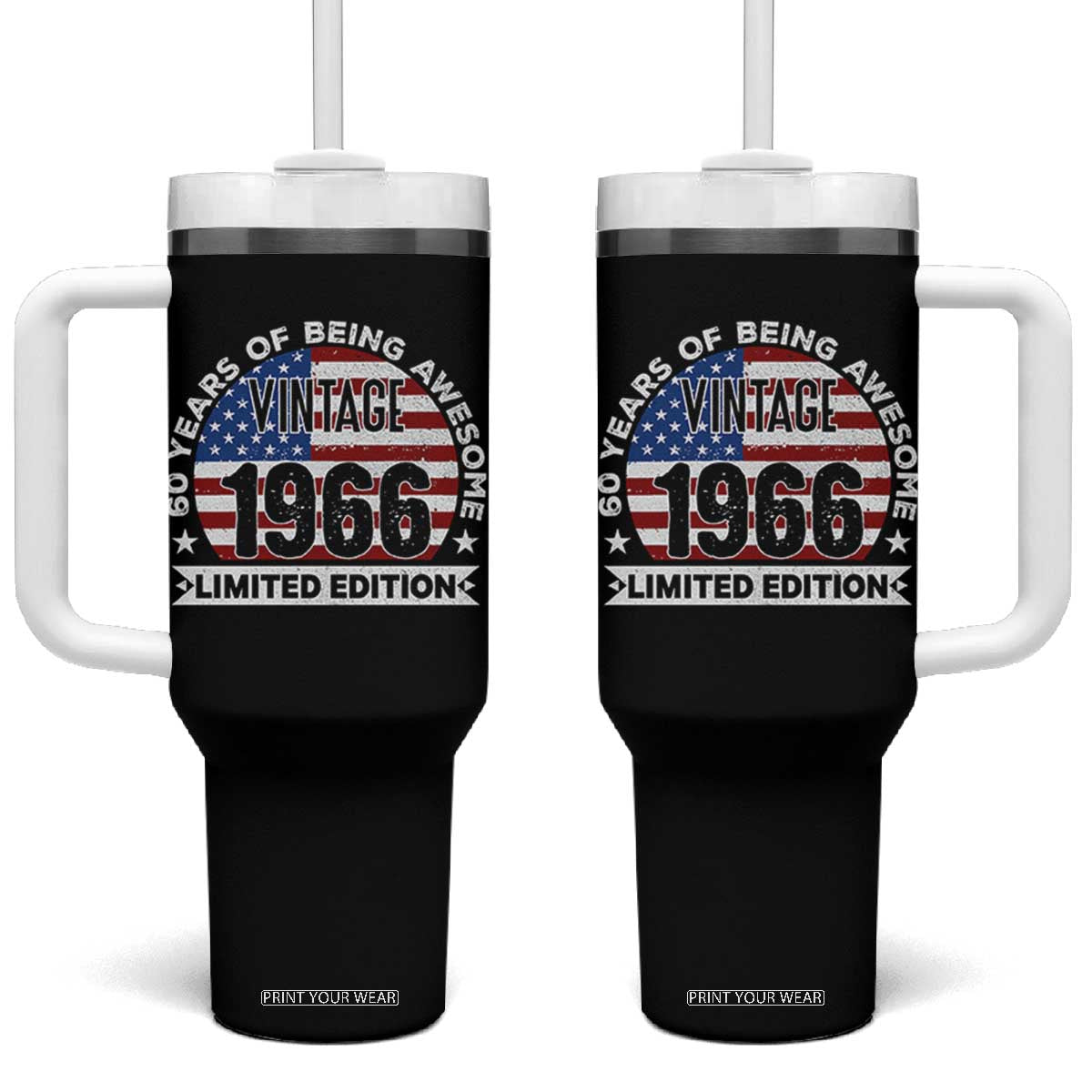 60th Birthday Tumbler With Handle Vintage 1966 60 Year Old Birthday American Flag TS10 One Size: 40 oz Black Print Your Wear