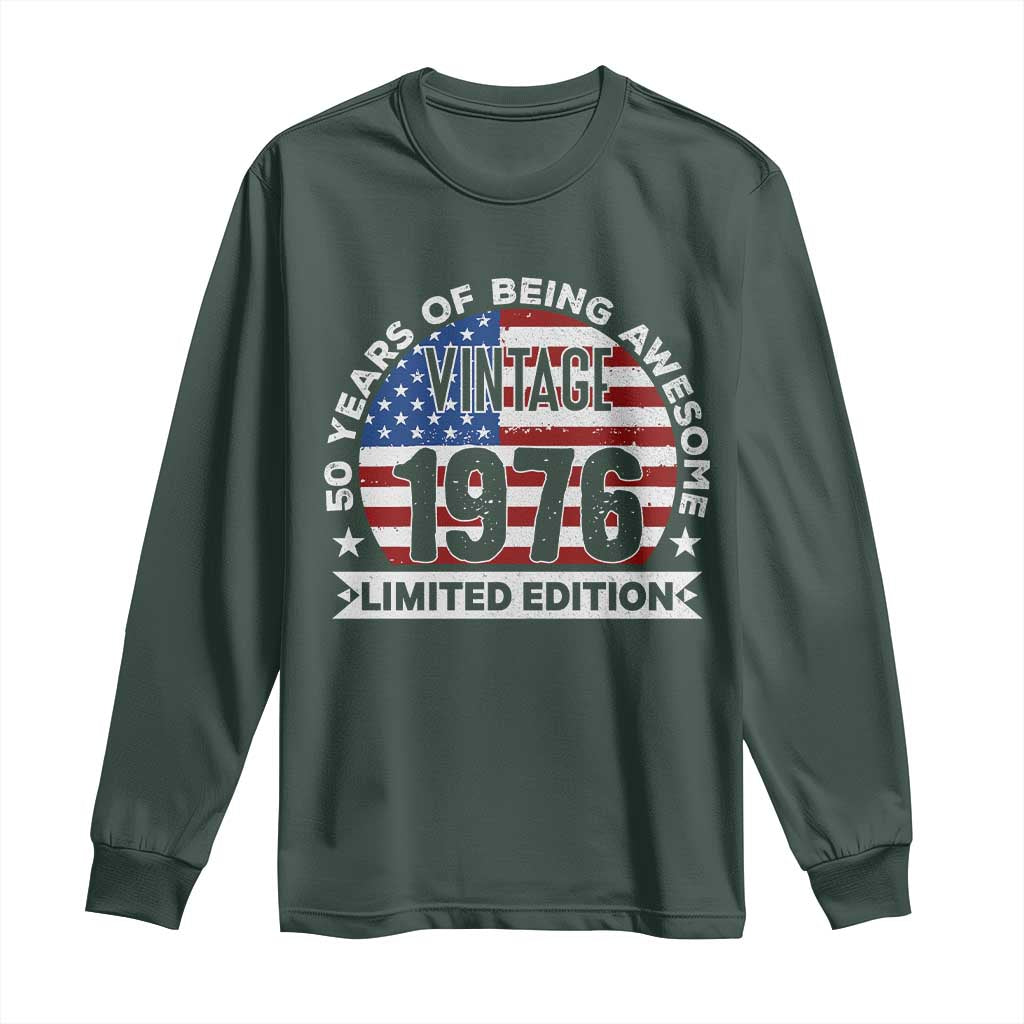 50th Birthday Long Sleeve Shirt Vintage 1976 50 Year Old Birthday American Flag TS10 Dark Forest Green Print Your Wear