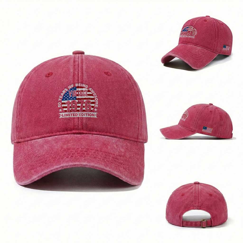 50th Birthday Washed Cotton Baseball Cap Vintage 1976 50 Year Old Birthday American Flag