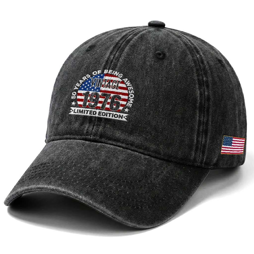 50th Birthday Washed Cotton Baseball Cap Vintage 1976 50 Year Old Birthday American Flag
