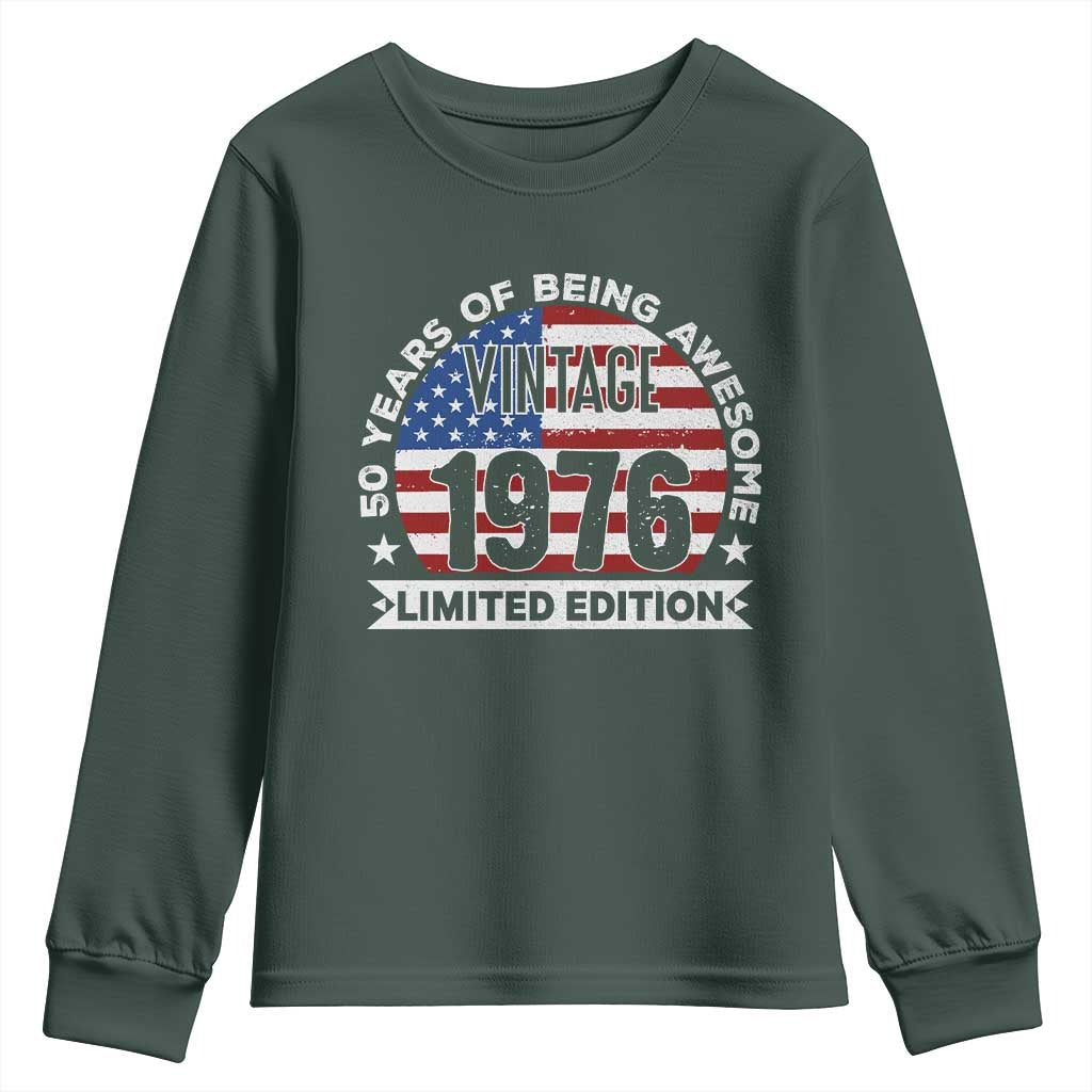 50th Birthday Youth Sweatshirt Vintage 1976 50 Year Old Birthday American Flag TS10 Dark Forest Green Print Your Wear